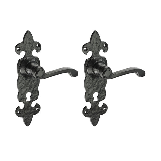 Fleur De Lys Ornate Lever Lock Handles - Antique Black